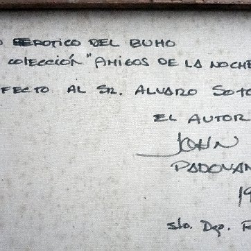Padovani Oil on canvas with an owl. Dimension is 24 by 30 inches. Signed in white in the lower right side and dated with the year 1993 in the back. No frame. Óleo sobre...