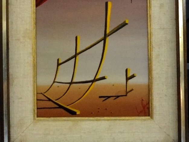 Palos - Sticks Oil on canvas landscape with yellow sticks in the horizon. Dimension is 8 by 10 inches. Signed in red in the lower right...