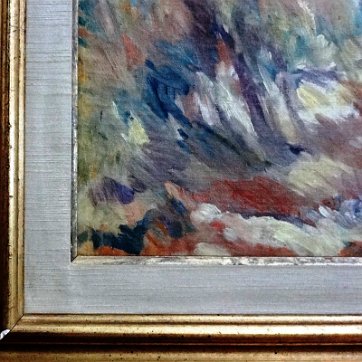Gausachs Abstract landscape oil on canvas. Dimension is 16 by 18 inches. Signed in black in the lower right side. No frame. Oleo sobre tela con un paisaje abstracto....