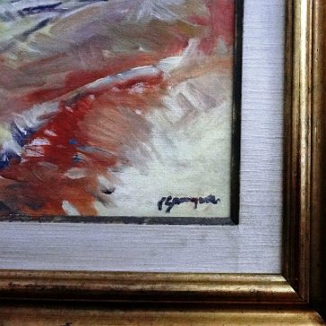Gausachs Abstract landscape oil on canvas. Dimension is 16 by 18 inches. Signed in black in the lower right side. No frame. Oleo sobre tela con un paisaje abstracto....