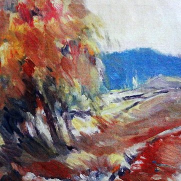 Gausachs Abstract landscape oil on canvas. Dimension is 16 by 18 inches. Signed in black in the lower right side. No frame. Oleo sobre tela con un paisaje abstracto....