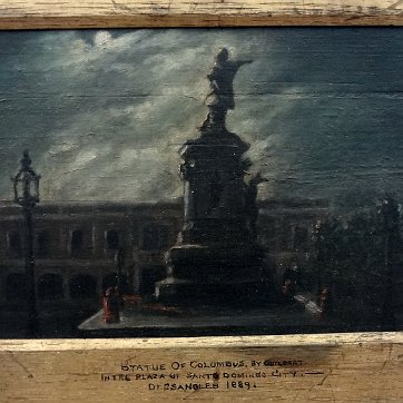Sisito Excellent conserved original oil painting on board with the Cristobal Colon Statue located in the Central Park and in front of the Catholic Cathedral in the...