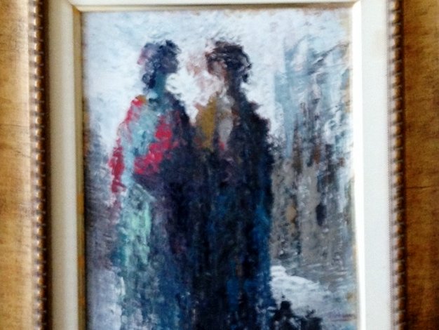 Dos Figuras Oil on board painting with two abstract figures. Dimension is 6 by 11 inches. Signed in black in the lower right side....
