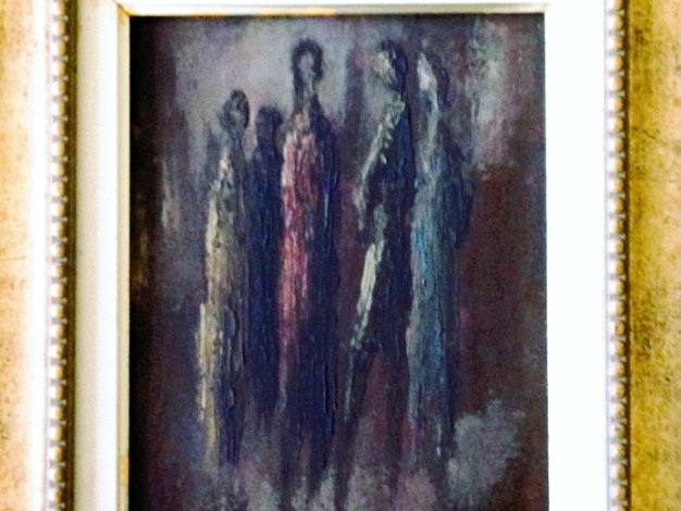 Tres Figuras Oil on board painting with three abstract figures. Dimension is 6 by 11 inches. Signed in black in the lower right side....