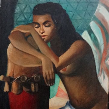 Amiama Oil on board painting with a portrait of a semi nude seated women reclined on a large drum. Signed in the lower left side. Dimension is 24 by 30 inches. No...