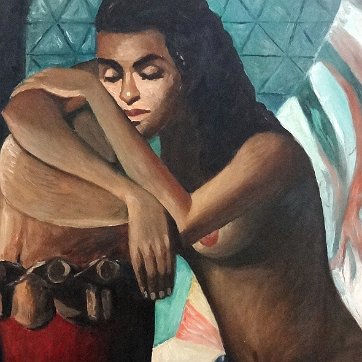 Amiama Oil on board painting with a portrait of a semi nude seated women reclined on a large drum. Signed in the lower left side. Dimension is 24 by 30 inches. No...