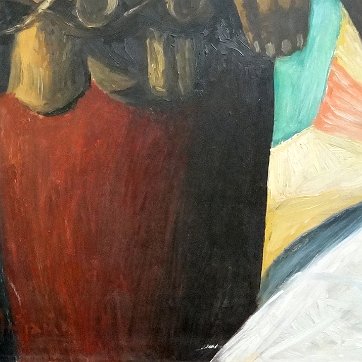 Amiama Oil on board painting with a portrait of a semi nude seated women reclined on a large drum. Signed in the lower left side. Dimension is 24 by 30 inches. No...
