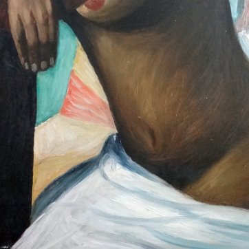 Amiama Oil on board painting with a portrait of a semi nude seated women reclined on a large drum. Signed in the lower left side. Dimension is 24 by 30 inches. No...