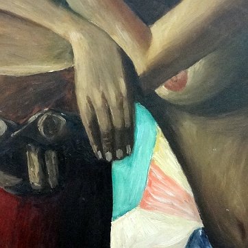 Amiama Oil on board painting with a portrait of a semi nude seated women reclined on a large drum. Signed in the lower left side. Dimension is 24 by 30 inches. No...