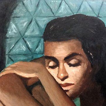 Amiama Oil on board painting with a portrait of a semi nude seated women reclined on a large drum. Signed in the lower left side. Dimension is 24 by 30 inches. No...