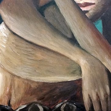 Amiama Oil on board painting with a portrait of a semi nude seated women reclined on a large drum. Signed in the lower left side. Dimension is 24 by 30 inches. No...