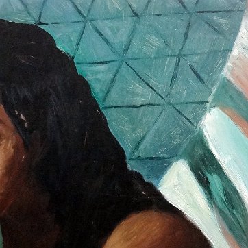 Amiama Oil on board painting with a portrait of a semi nude seated women reclined on a large drum. Signed in the lower left side. Dimension is 24 by 30 inches. No...