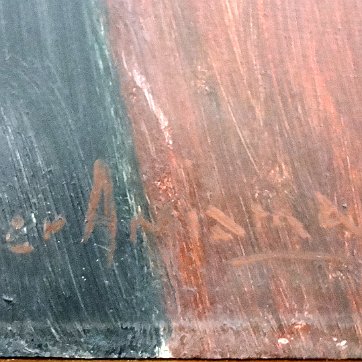 Amiama Oil on board painting with a portrait of a semi nude seated women reclined on a large drum. Signed in the lower left side. Dimension is 24 by 30 inches. No...