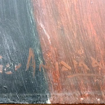 Amiama Oil on board painting with a portrait of a semi nude seated women reclined on a large drum. Signed in the lower left side. Dimension is 24 by 30 inches. No...