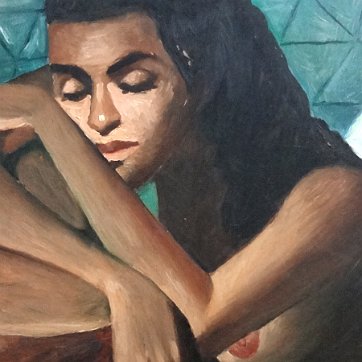 Amiama Oil on board painting with a portrait of a semi nude seated women reclined on a large drum. Signed in the lower left side. Dimension is 24 by 30 inches. No...