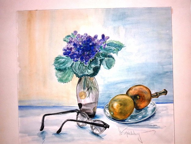 Espejuelos - Glasses Still life watercolor on paper with a potted plant, oranges and glasses by the daughter of George Hausdorf. The paper...