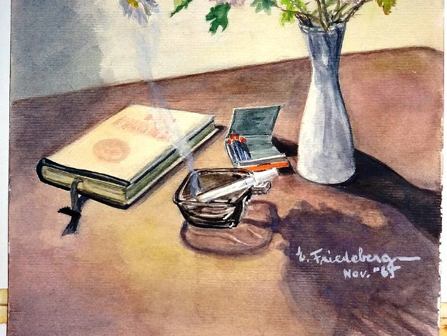 Florero - Vase Still life watercolor on paper of a potted plant, ashtray and book by the daughter of George Hausdorf. Paper dimension...
