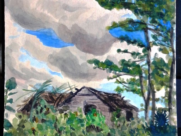 Paisaje - Scenery Excellent watercolor on paper with a Dominican Republic rural landscape by the daughter of George Hausdorf. Paper...