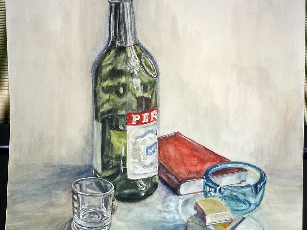 Pernot - Wine Excellent still life watercolor on paper with a bottle of Pernot, with an ashtray and cigarettes by the daughter of...