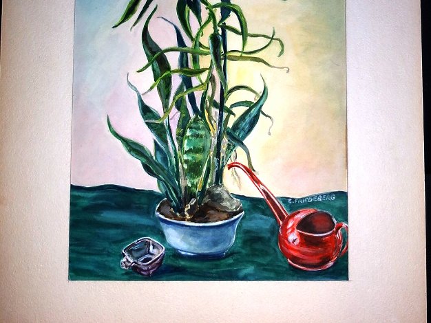 Planta - Plant Still life watercolor on paper with a potted plant, ashtray and a water dispenser by the daughter of George Hausdorf....