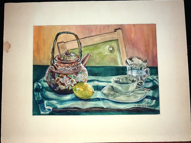 Tetera - Teapot Still life watercolor on paper with a coffee or tea set on a table by the daughter of George Hausdorf. Paper dimension...