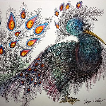 Georgia Rare watercolor on paper with a pheasant by a family of Eva Friedeberg, the daughter of George Hausdorf. Paper dimension is 14 by 18 inches. Signed and dated...