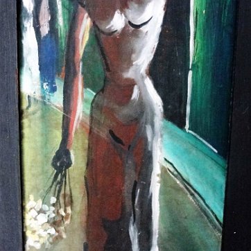 DSC00779 Two watercolor on board showing a man and a woman in a rural area. Dimension is 5 by 13.5 inches. Signed and dated in white the lower right side. Conjunto de...