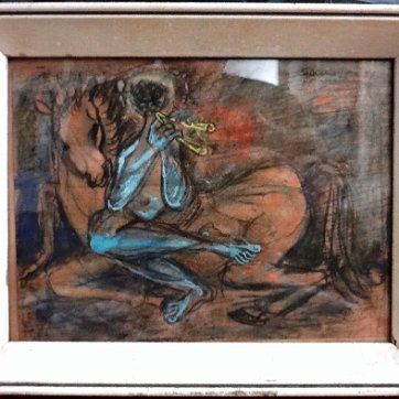 Lora Excellent watercolor on paper with a white horse. Paper dimension is 6 by 8 inches. Signed in black and dated 1954 in the upper right side. The pictures were...