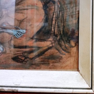 Lora Excellent watercolor on paper with a white horse. Paper dimension is 6 by 8 inches. Signed in black and dated 1954 in the upper right side. The pictures were...