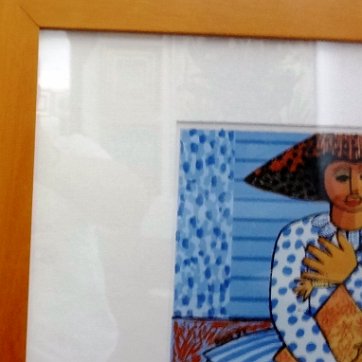 Bido Excellent original colored lithograph of a women peasant with a blue dress and a small child on her arms. Dimension is 9 by 12 inches. Signed and dated 1997 in...