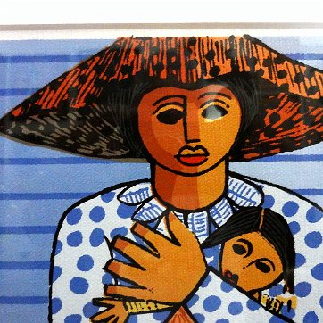 Bido Excellent original colored lithograph of a women peasant with a blue dress and a small child on her arms. Dimension is 9 by 12 inches. Signed and dated 1997 in...