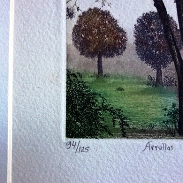 Dominguez Very beautiful hand colored lithograph with a landscape. Paper dimension is 6.5 by 6.5 inches and image dimension is 3.5 by 3.5 inches. Signed in pencil in the...