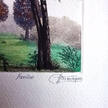 Dominguez Very beautiful hand colored lithograph with a landscape. Paper dimension is 6.5 by 6.5 inches and image dimension is 3.5 by 3.5 inches. Signed in pencil in the...