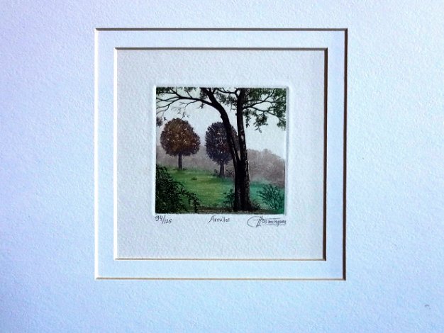 H. Dominguez Color lithograph with a landscape. Dimension is 6.5 by 6.5 inches and image dimension is 3.5 by 3.5 inches. Signed in...